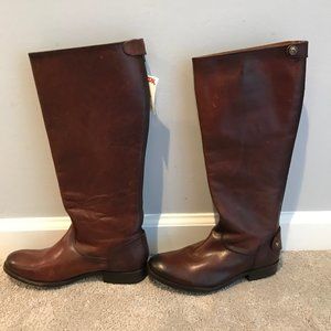 Frye Melissa Button Back Brown Leather Zip Boots
